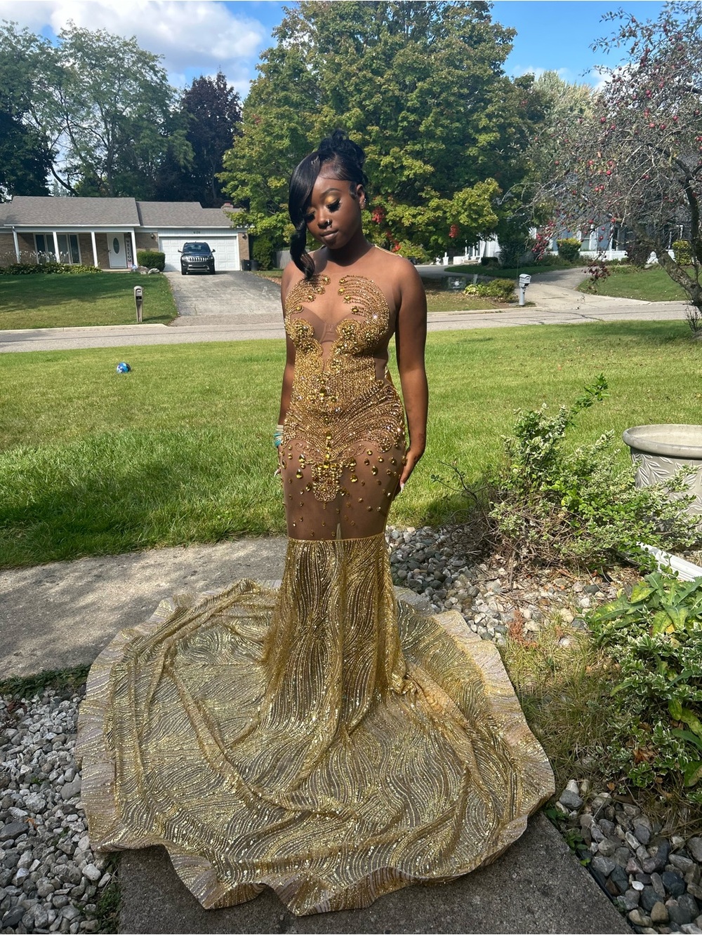 Gold Embellished Sheer Mermaid Gown - Women Dresses
